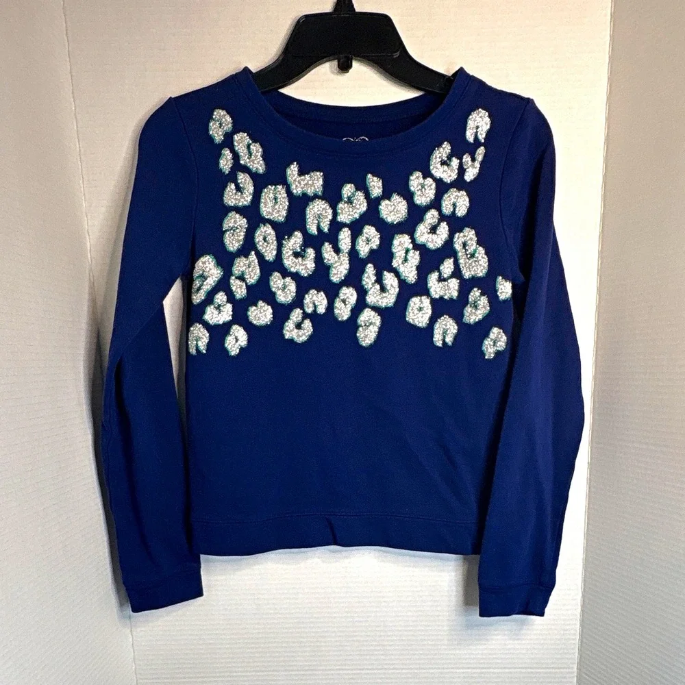 Justice Girls 14 Blue Leopard Heart Rhinestone Pullover Sweatshirt
